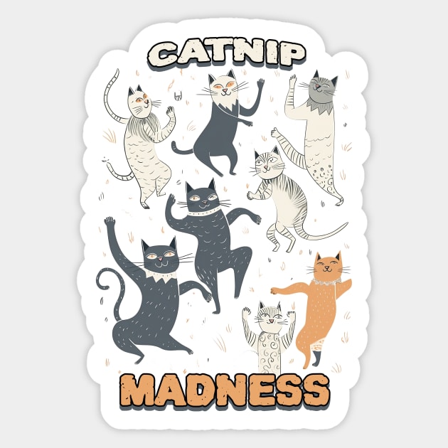 Catnip madness, dancing cats Sticker by One Eyed Cat Design